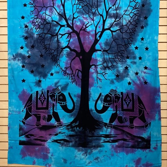 Blue & Purple Tie-Dye Elephants Under Tree Of Life Tapestry - Picture 2 of 2